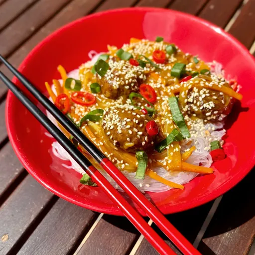 Klopsiki curry z makaronem ryżowym, sezamem i papryczką chili