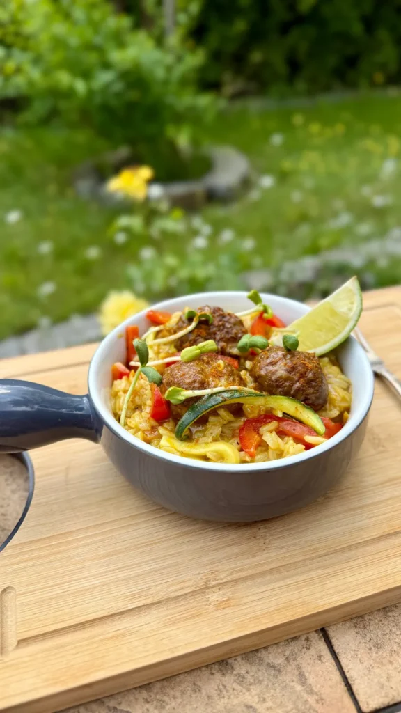 Danie z klopsikami i cukinia na drewnianej desce