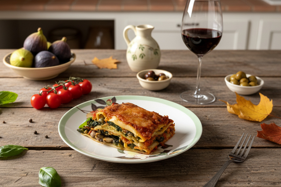Wegetariańska lasagne ze szpinakiem i pieczarkami
