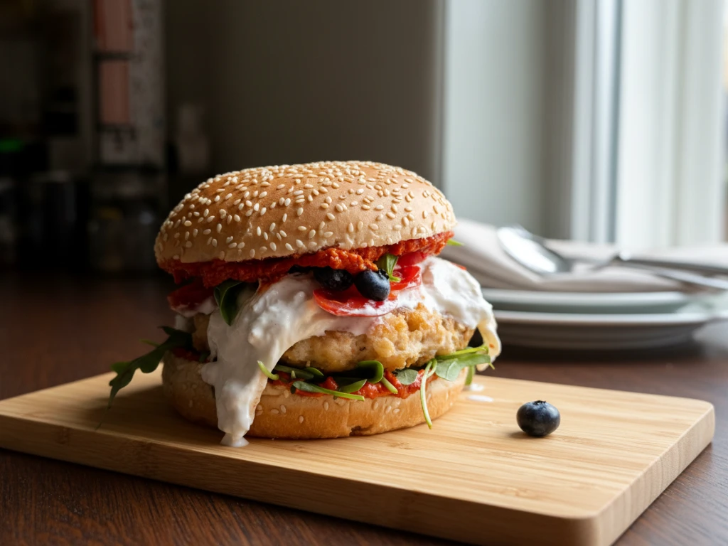 Roślinny burger z burratą, pastą paprykową i borówkami