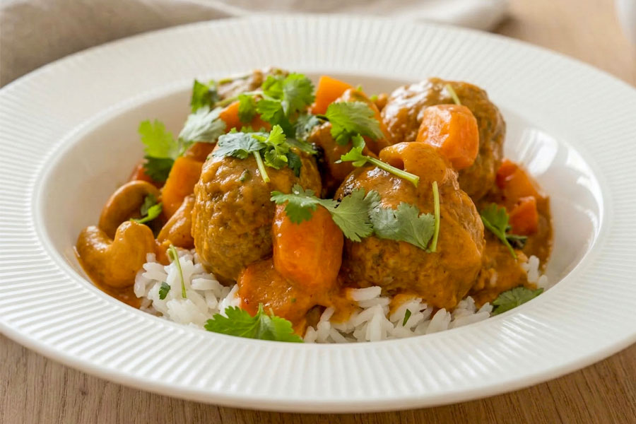 Roślinne klopsiki curry z mleczkiem kokosowym