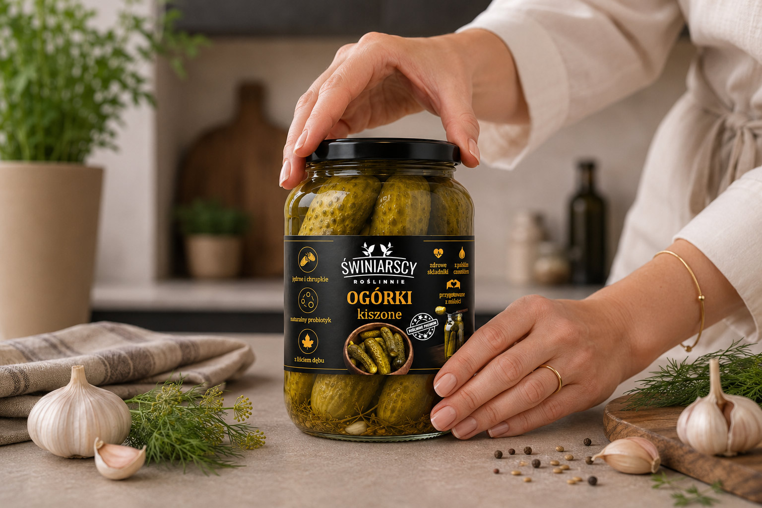 Etykieta produktu: Ogórki kiszone, marka Świniarscy Roślinnie