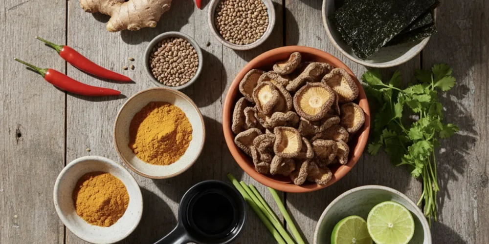 Składniki kuchni azjatyckiej: imbir, chili, suszone grzyby shiitake, curry, nori, limonki i sos sojowy