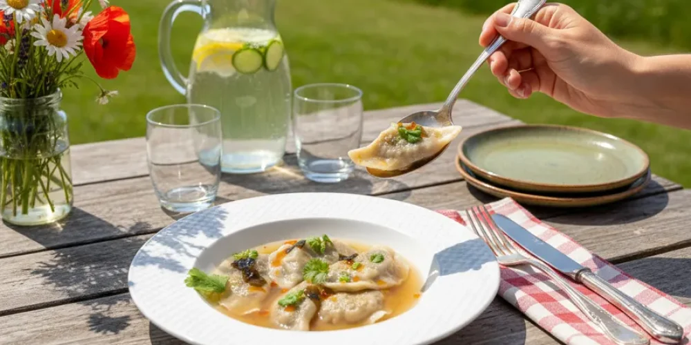 Orkiszowe pierogi wegańskie w bulionie miso