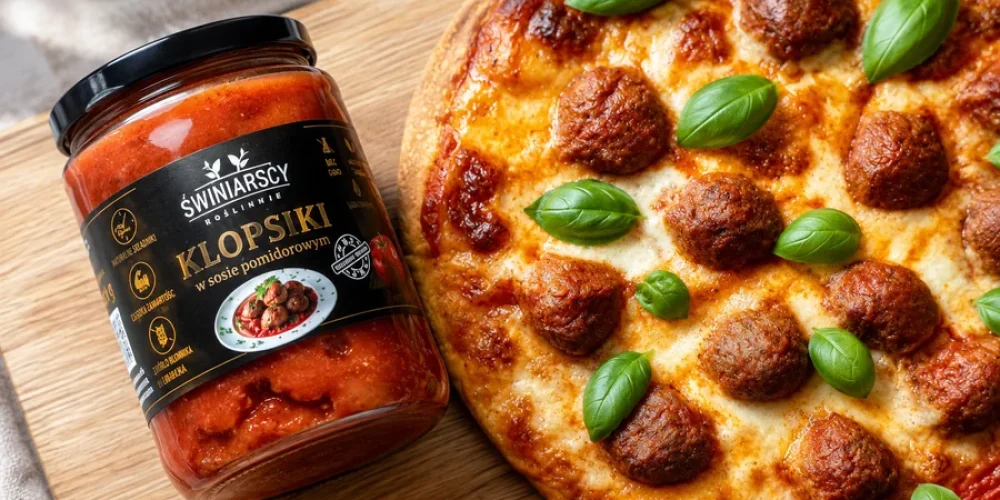 Słoik klopsików w sosie pomidorowym obok pizzy z klopsikami i listkami bazylii