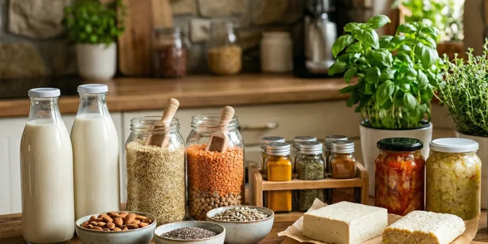Roślinne mleko, kasze, soczewica, migdały, tofu i tempeh na drewnianym blacie kuchennym